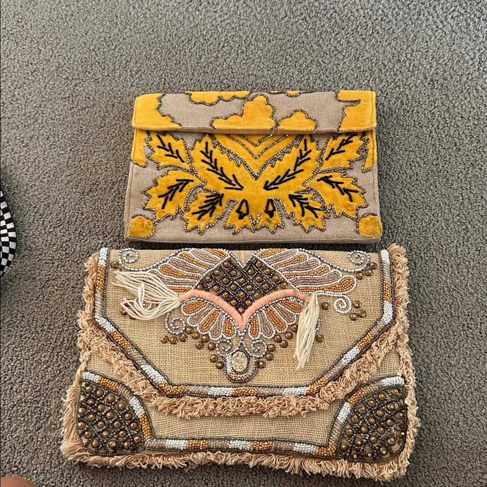 Lulu's Yellow and Tan Embroidered Clutches